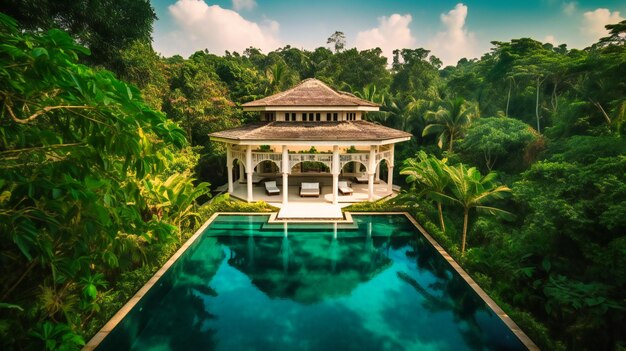 Una imagen deslumbrante de una lujosa villa privada con una piscina infinita que ofrece un refugio de verano elegante y apartado