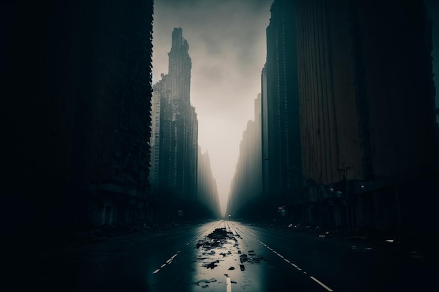 Foto una imagen desolada de una carretera de hormigón rodeada de imponentes rascacielos