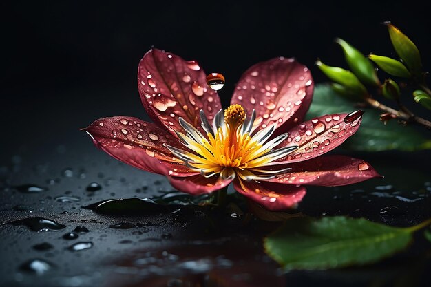 Imagen detallada de alta calidad hermosa flor exótica gotas de color marrón oscuro que reflejan borroso gris oscuro