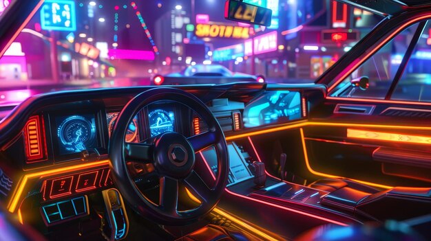 Imagen detallada del interior de un coche cyberpunk de color neón generada por la IA