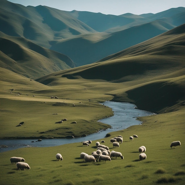 Imagen detallada montañas de Azerbaiyán ovejas pastan en un claro cerca de un arroyo