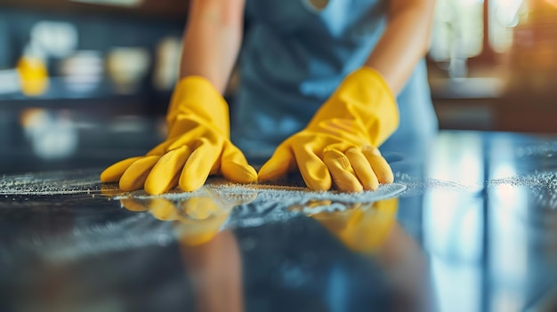 Imagen detallada de una mujer de limpieza con guantes lavando la mano de una superficie de la cocina contra un telón de fondo borroso IA generativa