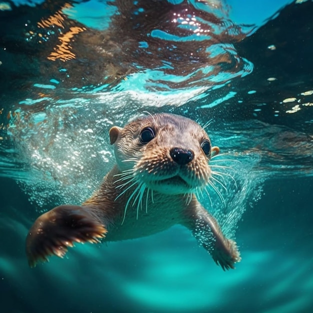 Foto imagen detallada de una nutria nadando en el mar ai generada