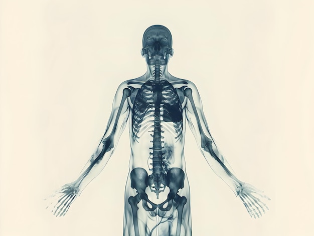 Imagen detallada de rayos X de la intrincada estructura del esqueleto humano con capas de tejido transparentes y venas visibles