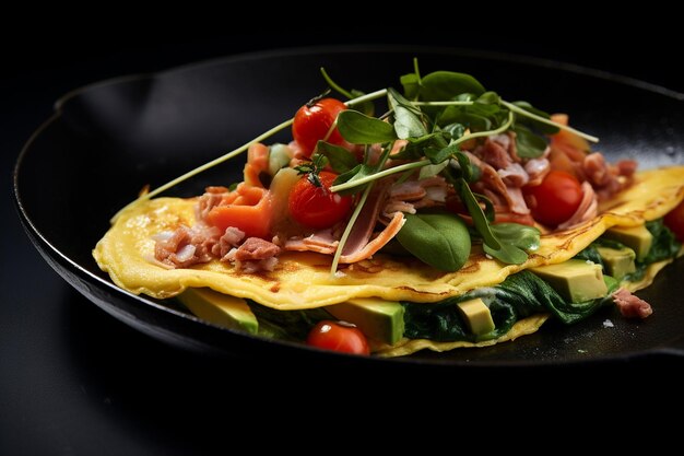 Foto imagen detallada de la tortilla con tomates y aguacate