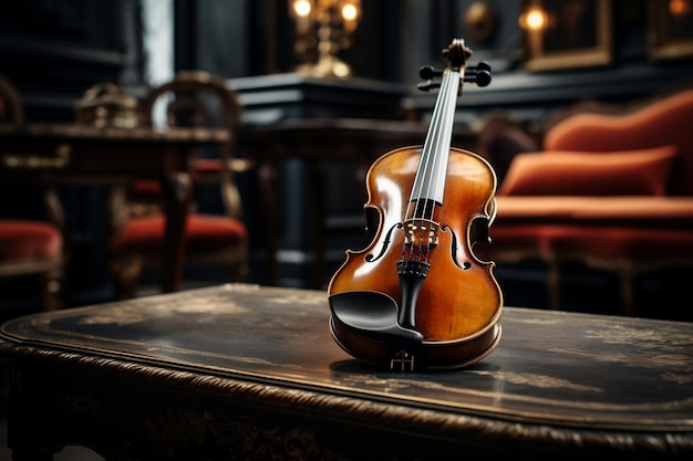 Imagen detallada de un bajo de violín en una sala de IA