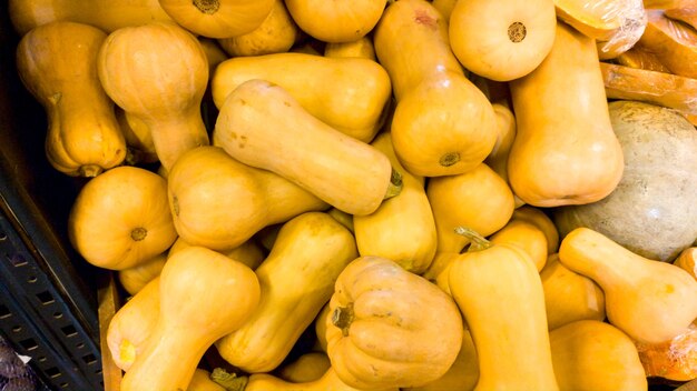 Imagen de detalle de un montón de calabazas maduras en el mostrador de la tienda de comestibles. Closeup textura o patrón de verduras frescas maduras. Fondo de comida hermosa