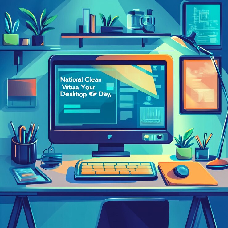 Foto imagen del día de limpieza de su escritorio virtual texto sobre portátil y artículos de oficina en fondo rosa nacional limpia su concepto de día de escritorio imagen generada digitalmente