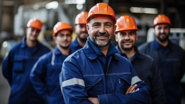 Imagen del Día del Trabajo Grupo joven de diversos trabajadores industriales frente a la cámara con uniformes