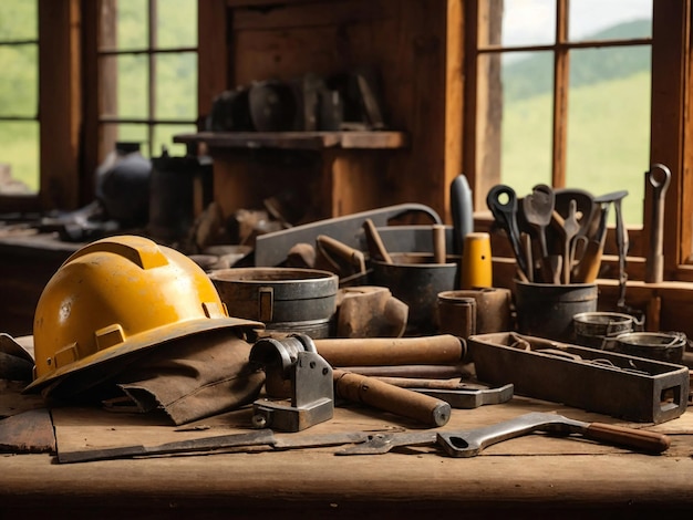 Imagen del Día del Trabajo de herramientas de construcción desgastadas en un banco de trabajo vintage generada por IA