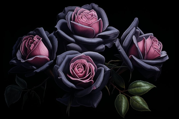 Imagen dibujada a lápiz de color de rosas negras Imagen de ilustración hermosa IA generativa