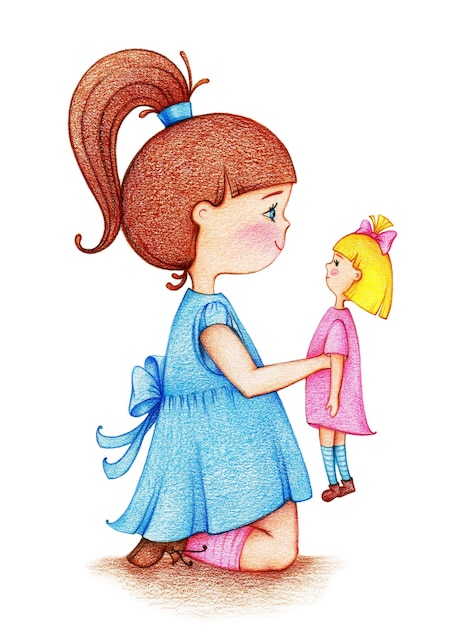 Imagen dibujada a mano de una niña con vestido azul jugando con una muñeca junto a los lápices de colores