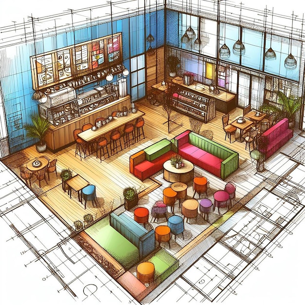 Foto imagen de dibujo colorido arquitectónico del restaurante