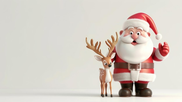 Imagen de dibujos animados en 3D de Papá Noel y un ciervo Diseño navideño para panfletos con espacio de copia