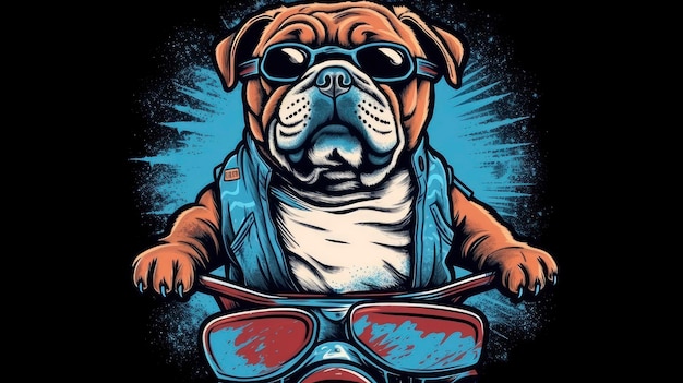 Foto una imagen de dibujos animados de un bulldog con una chaqueta de motociclista y gafas de sol