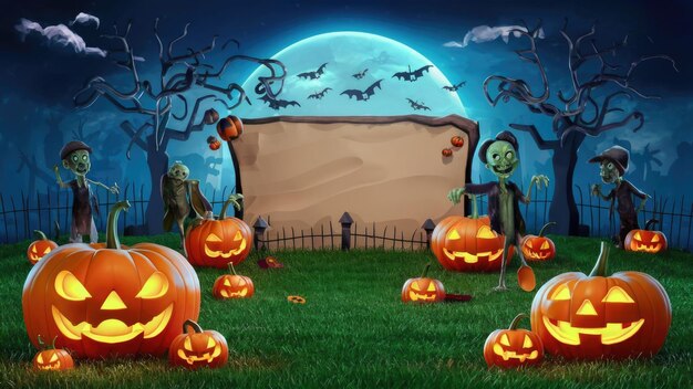 una imagen de dibujos animados de calabazas en un campo con un letrero que dice Halloween