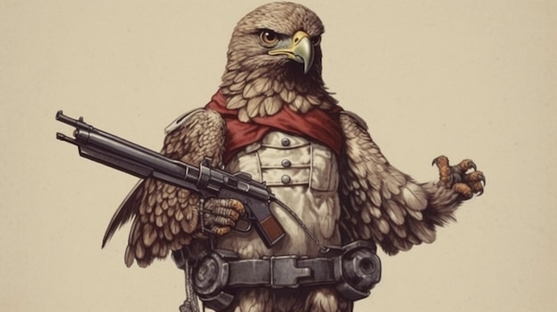 Una imagen de dibujos animados de un halcón con un arma y un arma en