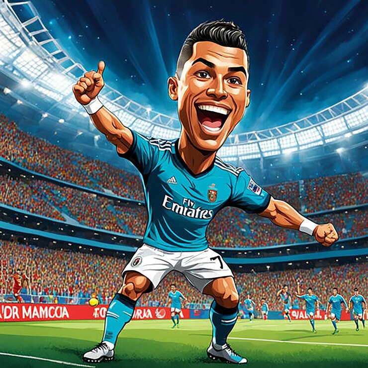 una imagen de dibujos animados de un jugador de fútbol con un anuncio para un anuncio de Emiratos