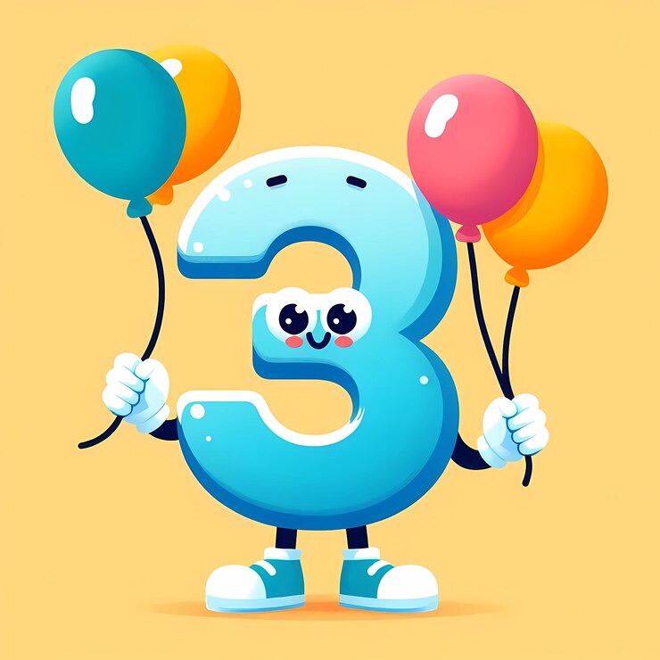 Una imagen de dibujos animados de un número azul 3 con globos