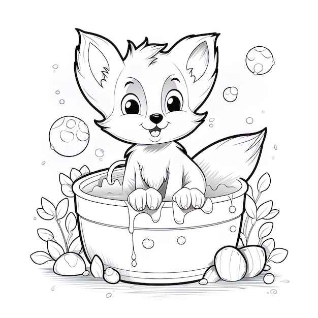 una imagen de dibujos animados de un pequeño zorro en un balde con huevos y flores.