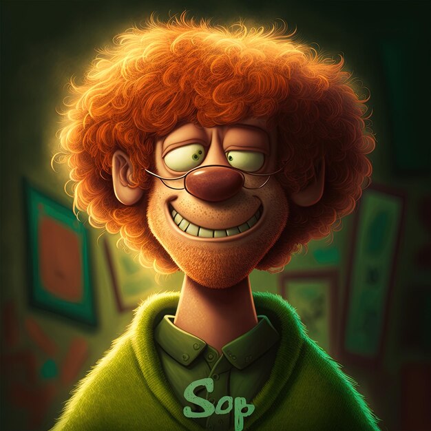 una imagen de dibujos animados de un personaje de caricatura de aspecto gracioso con una camisa verde que dice o