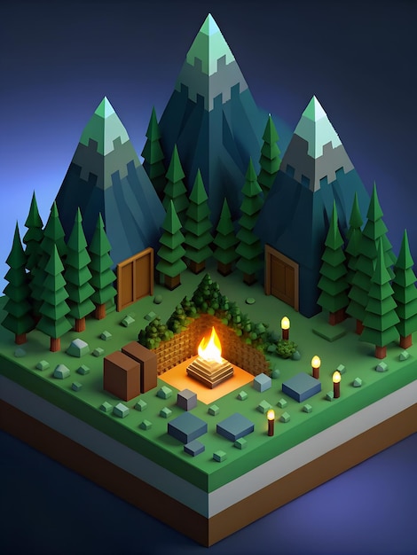 una imagen de dibujos animados de un pozo de fuego con pinos en el fondo