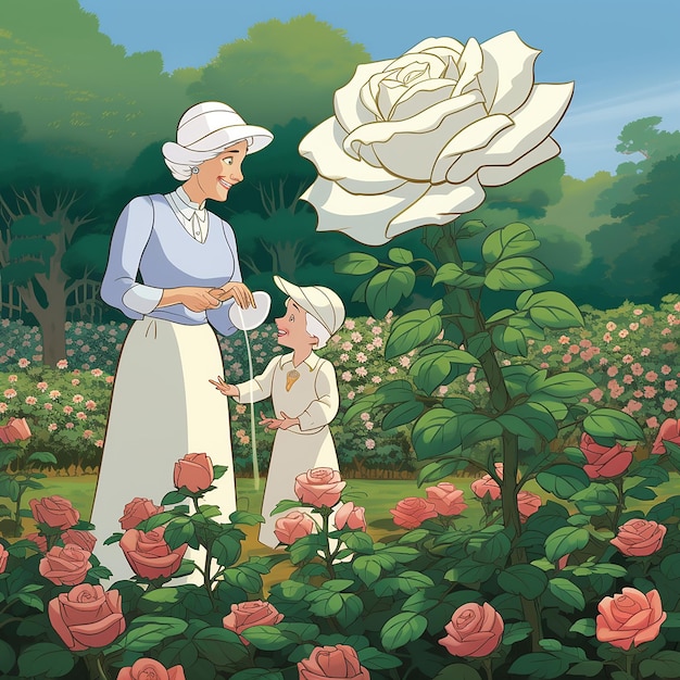 imagen de dibujos animados de una rosa blanca y una abuela con un jardín de flores