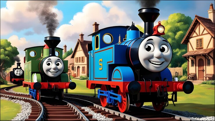una imagen de dibujos animados de un tren con el número 5 en él
