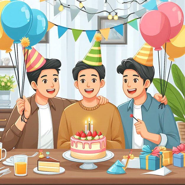 una imagen de dibujos animados de tres hombres celebrando un cumpleaños con un pastel y globos