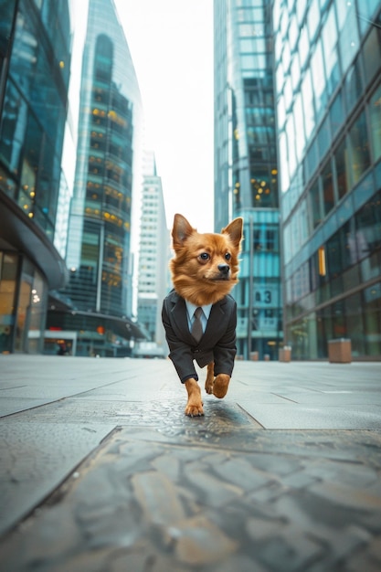 Foto imagen digital alterada de un perro confiado en un atuendo de negocios caminando entre rascacielos que representa la determinación, el éxito y el mundo corporativo de una manera metafórica alegre