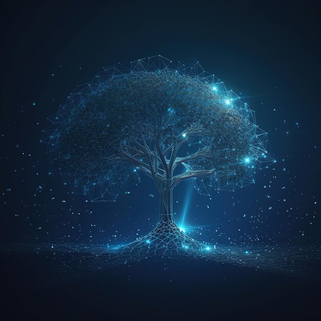 Una imagen digital azul de un árbol con la palabra árbol en el medio.