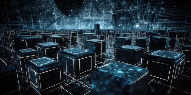 Una imagen digital de cubos en una habitación con fondo azul.