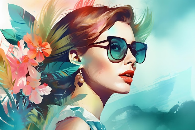 Imagen digital de una mujer con gafas de sol y una flor en el pelo IA generativa