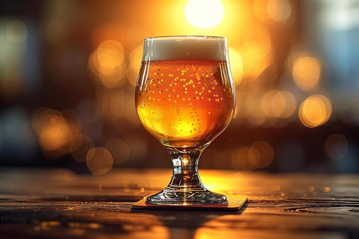 La imagen digital del vaso de cerveza está en una mesa de madera de alta calidad y alta resolución