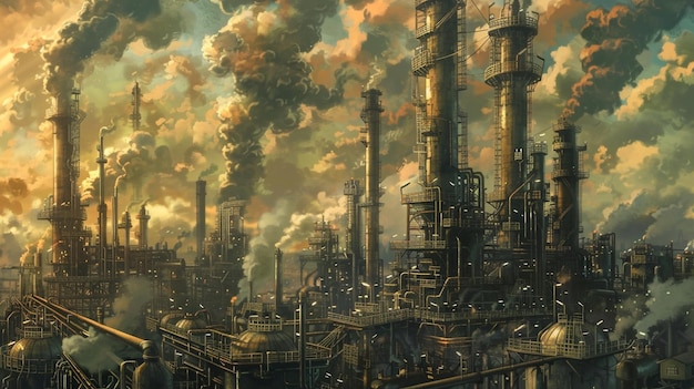 una imagen dinámica de una amplia refinería de petróleo y gas con torres de destilación y chimeneas humeantes en un telón de fondo de complejidad industrial