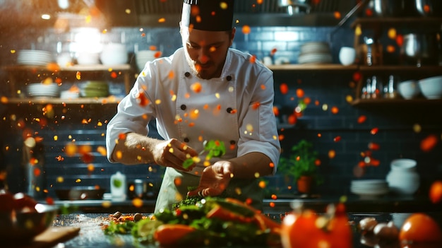 Imagen dinámica de un chef preparando comida con ingredientes voladores a su alrededor en una cocina profesional