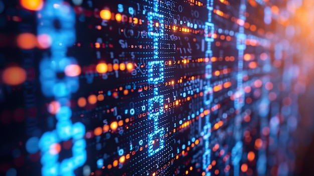 Imagen dinámica de código binario que representa conceptos de encriptación de seguridad de datos e información digital