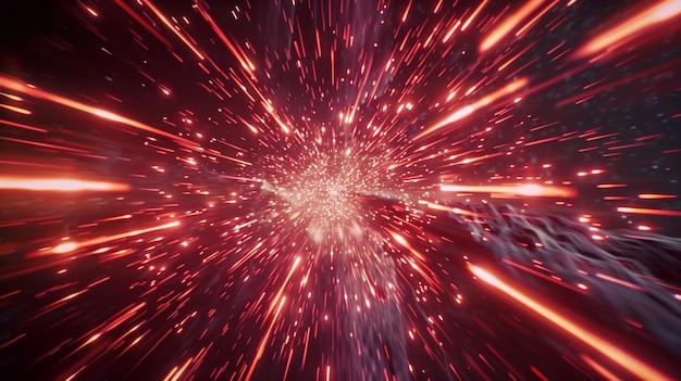 Imagen dinámica de un efecto de movimiento de hipervelocidad con rayas rojas y luz blanca en el centro