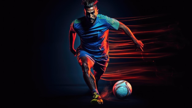 Imagen dinámica de un jugador de fútbol moviéndose sobre un fondo oscuro mezclado con luces de neón