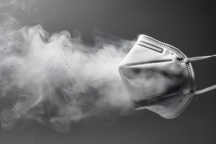 Imagen dinámica de una máscara rodeada de humo que simboliza la protección y la calidad del aire