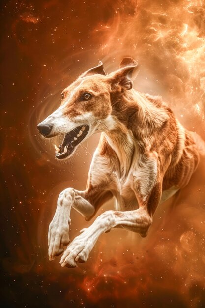 Imagen dinámica de un perro majestuoso saltando con un fondo de arte digital ardiente Concepto de animal de fantasía