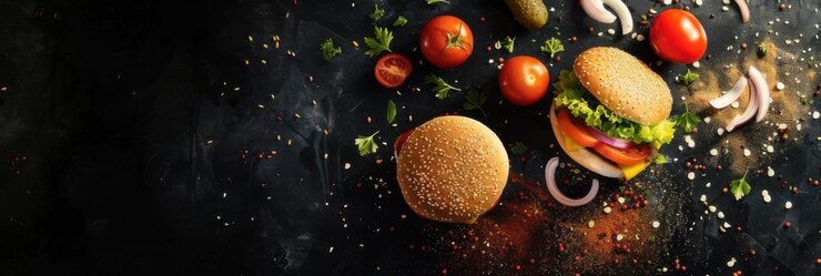 Una imagen dinámica de primer plano de una hamburguesa fresca y jugosa con ingredientes volando en el aire contra un bac oscuro
