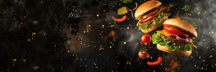 Una imagen dinámica de primer plano de una hamburguesa fresca y jugosa con ingredientes volando en el aire contra un fondo oscuro