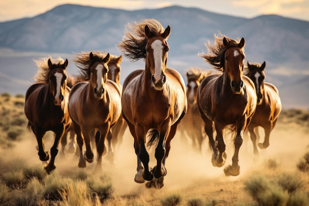 Una imagen dinámica que captura el poderoso movimiento de una manada de caballos mientras galopan a través de un campo de hierba seca. Caballos salvajes al galope en el oeste americano. Generado por IA.