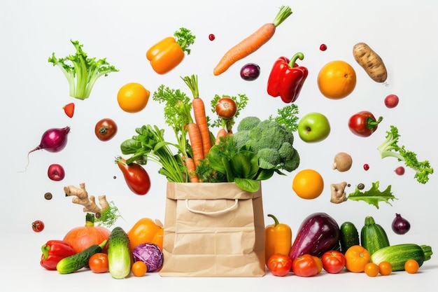 Una imagen dinámica de verduras y hierbas frescas flotando con gracia fuera de una bolsa de papel de comestibles que simboliza una alimentación saludable y frescura