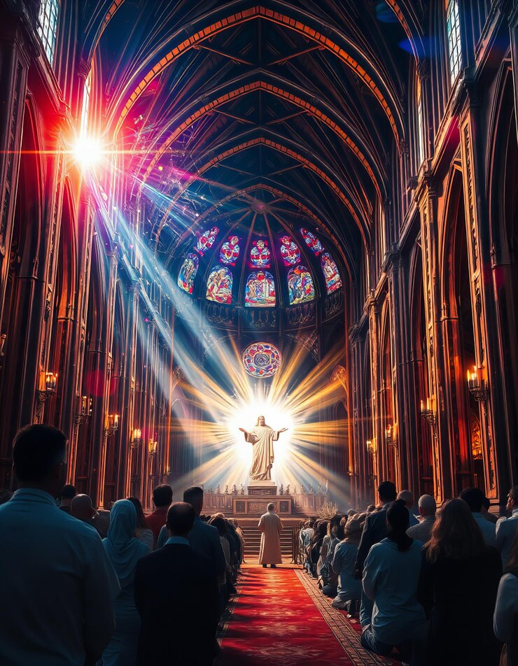 Foto la imagen de dios aparece como una figura gloriosa bañada en una luz brillante dentro de una iglesia majestuosa mientras