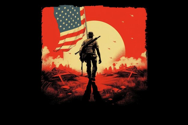 Imagen de diseño de camiseta de un veterano caminando hacia una bandera estadounidense Generado por IA