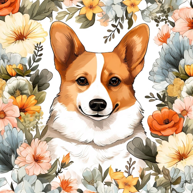Imagen de diseño de patrón con perro Welsh Corgi y flores y hojas Ilustración de animales de compañía IA generativa