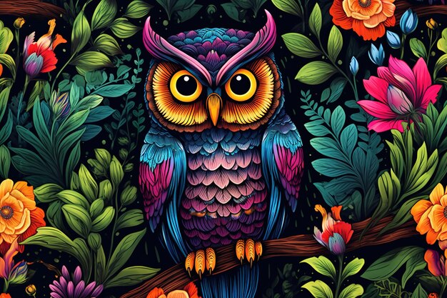 Imagen de diseño de patrón usando un búho y flores y hojas Animales silvestres Ilustración de pájaros IA generativa