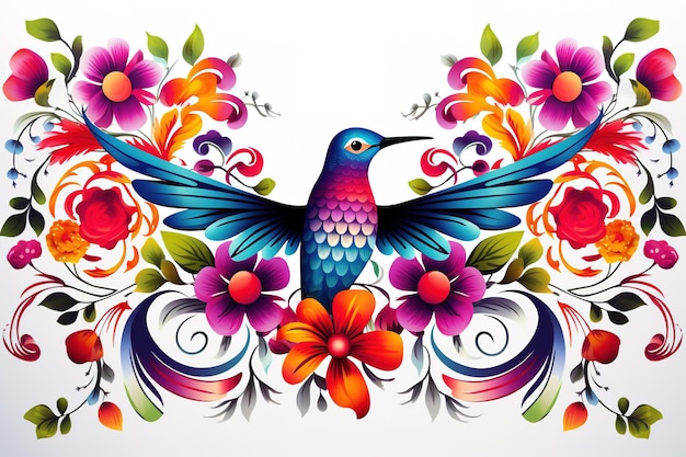 Imagen del diseño de patrón usando colibrí y flores y hojas Ilustración de aves de animales silvestres IA generativa